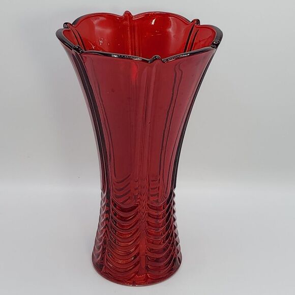 High 9.5in Embossed Flared Glass Vase Art Deco Style Design Red - Picture 6 of 10